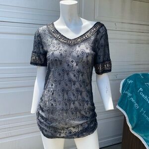 Ladies boho lace sheer blouse with glass bead embellishments hippie gothic top